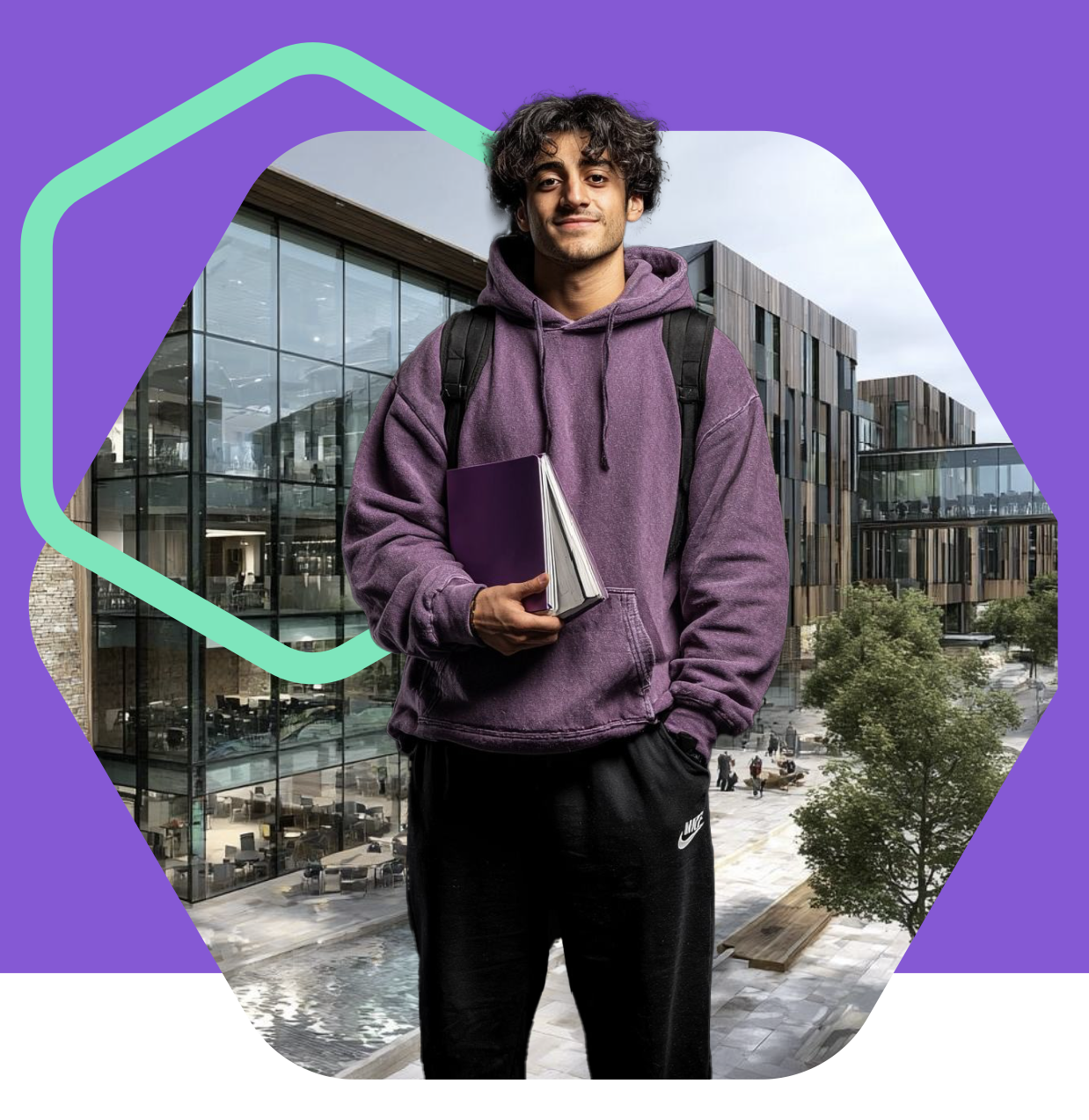 Person in hoodie with modern building background